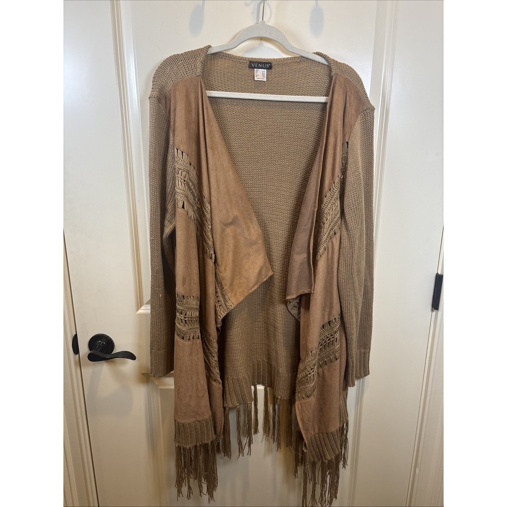 Venus Brown Fringe Open Cardigan Size 1X Cable Knit Waterfall Boho Festival
